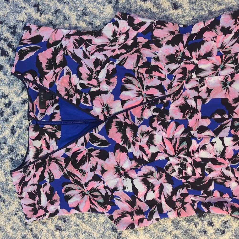 J Crew 2 silk dress floral pink blue midi length zip in back sleeveless pleated - Picture 2 of 16